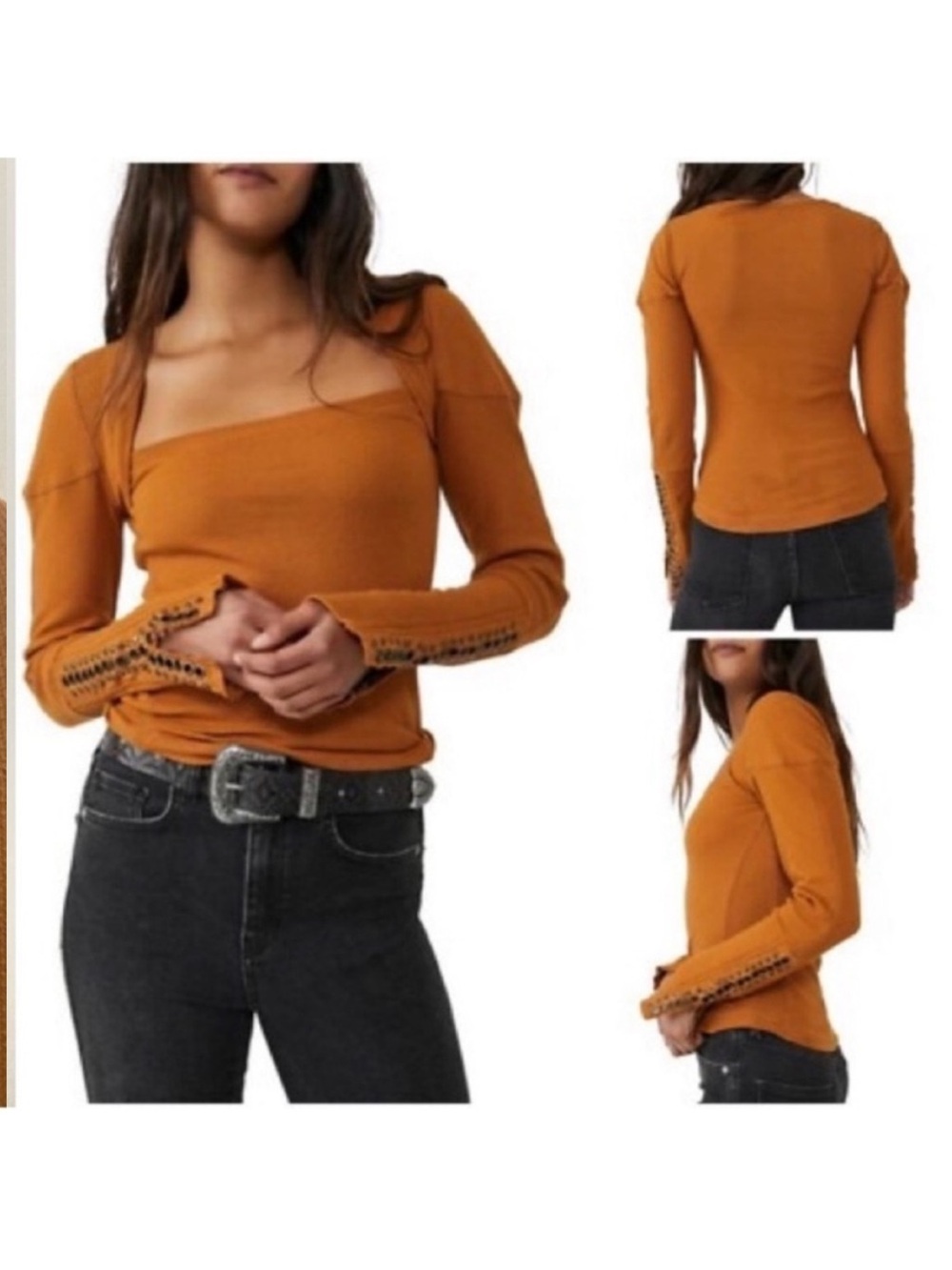 Free People A Little Unruly Longsleeve Thermal Rust Orange Eyelet Size Medium